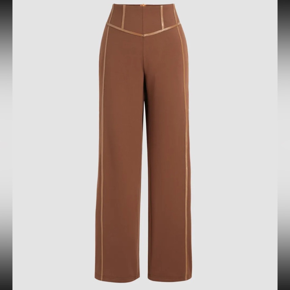 Brown High Waist Wide Leg Trousers With Leather Trim Women’s XS